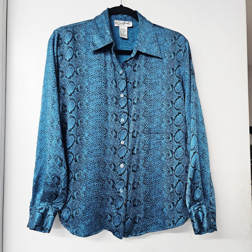 Vtg Karen Arnold Blouse Size M 100% Silk Blue Turquoise Button Up Tunic Top